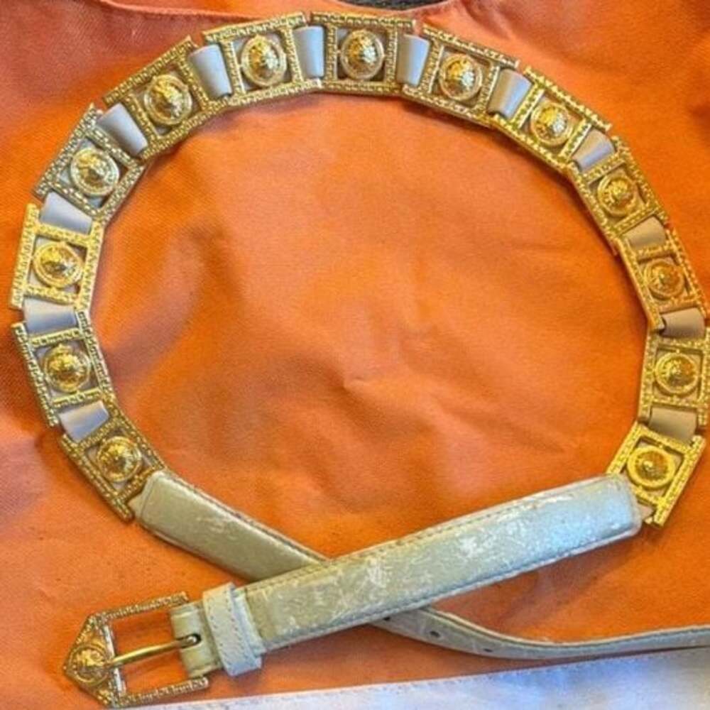 Vintage Versace White and Gold Medusa Head Greek Key Link Belt